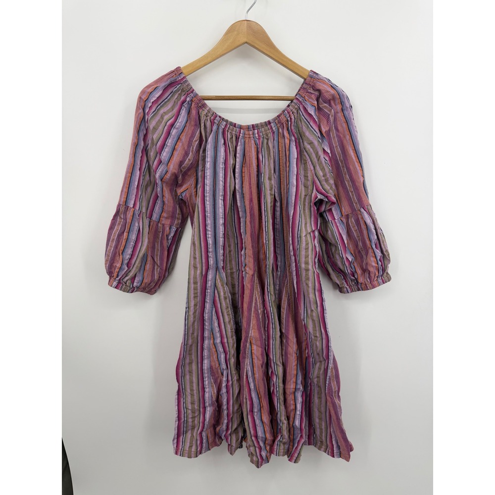 Uncle Frank 72467 Mini Dress sz M Purple Haze Multi Stripe Cotton Puff Sleeve